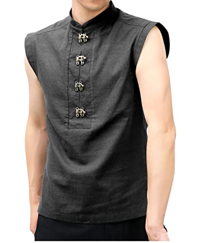 KUOIN Medieval Shirt for Men Linen Pirate Sleeveless Tunic with Retro Button3