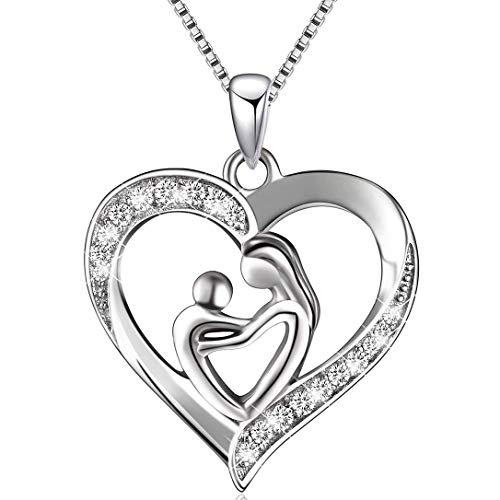 HORHEAR Colgante de corazón de plata de ley 925 para el Día de la Madre, con incrustaciones de circonitas, regalo para madre o hija, longitud de la cadena de 45 cm, Plata esterlina, Circonia cúbica