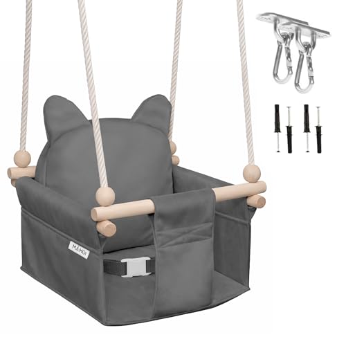MAMOI Columpio Bebe con ASA DE Seguridad, Columpios Infantiles Exterior y Interior, Columpio Madera Ideal como Columpio de Jardin y para habitación Infantil (Teddybär Grau + Haken)