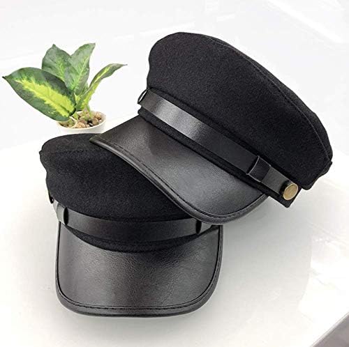 QUUPY 1 Pcs Black Retro Military Hat,Cotton Leather Captain Sailor Flat Cap,Used for Weekends, Daily Wear