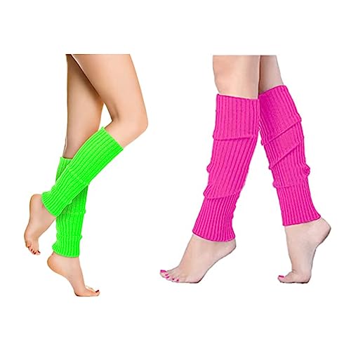 FVIZAL Neon Leg Warmers, 2 Pairs 80s Women Warmers Knit Ribbed Warmer, Ice Skating Accessories and Sports Yoga Supplies, for Girls (Rose Red, Fluorescent Green)