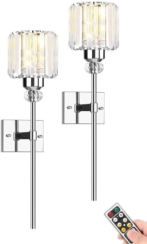 Modern Wall Sconces Lighting Battery Operated Set of 2,No Wiring Rechargeable Wall Lights Fixture with Wireless Remote,Clear Glass Long Wall Lamp Silver for Bedroom Bathroom Living Room Vanity Light