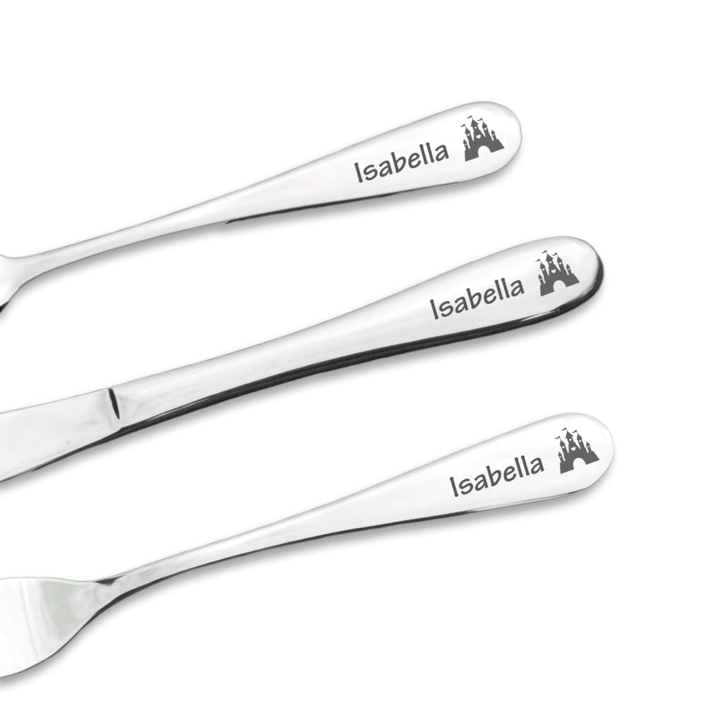 Personalised Engraved Childrens Cutlery Set Christening Birthday Kids Gift Idea (Castle) — image 1