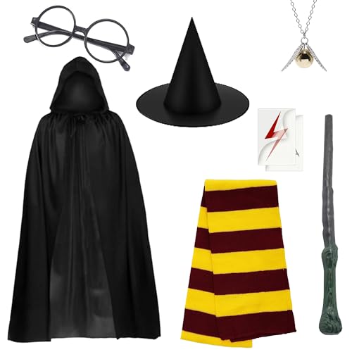 UAVAUI Wizard Costume Set 8 PCS Wizard Robe with Magic Hat Stickers Necklace Spectacles Magic Wand and Scarf Halloween Costume Set for School Activities Party World Book Day Role-Playing