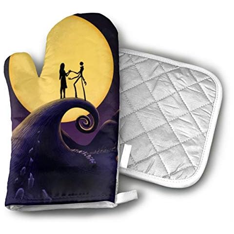TMVFPYR Halloween Town Nightmare Before Christmas Oven Mitts, Non-Slip Silicone Oven Mitts, Extra Long Kitchen Mitts, Heat Resistant to 500Fahrenheit Degrees Kitchen Oven Gloves Cover