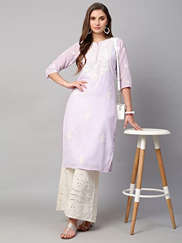 Image of RATAN Georgette Straight Lucknowi Chikankari Ethinic Wear Kurta for Women