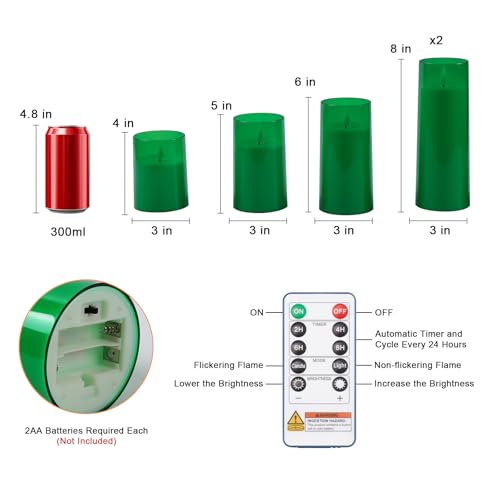 Image of Raycare Battery Operated Flameless Pillar Candles with Remote Timer, Green | LED Acrylic Festive Ambience Candle with Realistic Glow for Christmas Trees, Tables, Seasonal Parties, Family Gifts, Set of 5