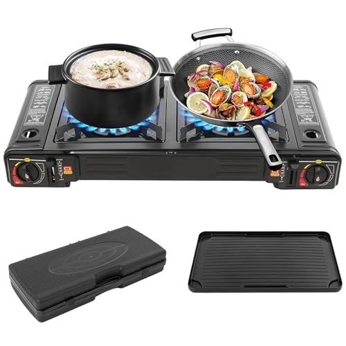 Réchaud à gaz portable 2 feux avec plateau de barbecue et mallette de rangement pour camping, voyage, randonnée, pique-nique, barbecue sur la terrasse et bien plus...
