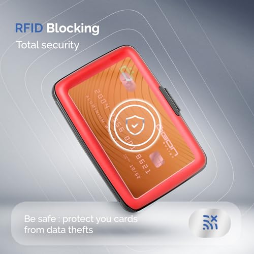 Image of OGON -DESIGNS- Aluminum card holder, RFID protection against fraud and demagnetization, compact wallet, Smart Case STOCKHOLM model (Aluminum Red, Standard lock)