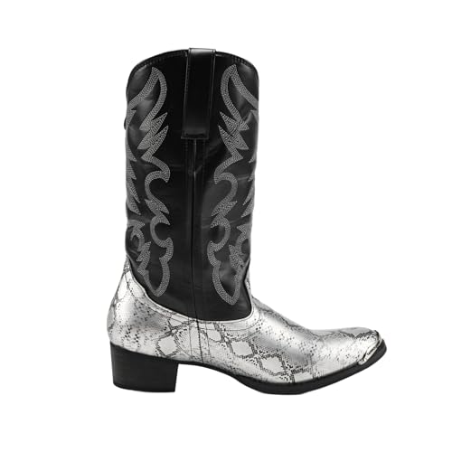 Men's Cowboy Boots Embroidered Pointed-Toe Snake-Textured Ankle Boots Retro Anti-Slip Thick Heel Shoes4