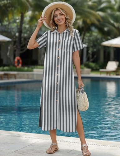 Image of HOTOUCH Womens Dress Summer Casual Midi Short Sleeve Button Down Shirt Dresses Loose Beach Cover Up with Pockets
