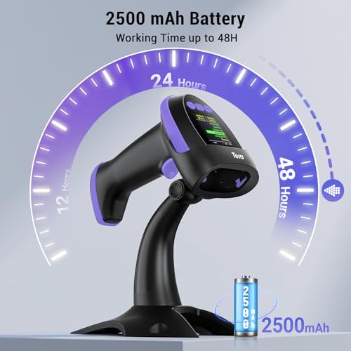 Image of Tera Barcode Scanner Wireless 2D with Stand: Pro Version Digital Setting Screen Keypad Works with Bluetooth 2.4G Wireless USB Wired Extra Fast Scanning Speed Handheld Bar Code Reader HW0009-Z Purple