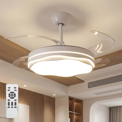 USOR Retractable 42" Ceiling Fans with Lights and Remote, Smart Modern Ceiling Fan, Stepless Color Changeable & Dimmable, 6-Speed Reversible Timer Ceiling Fan Light Kit for Bedroom, Living Room