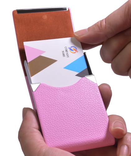 HUAHAITGCH Business Card Holder with Ultra Slim Design,Business Card Case with Premium PU Leather, Suit Pocket Metal Card Holder for Women/Men,Professional Name Card Holder with Magnetic Shut (Pink)