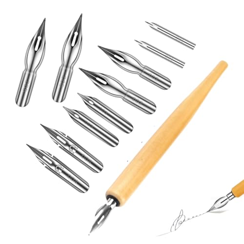 Lot de 11 Stylos de Calligraphie Oblique en Bois avec 10 Plumes de Rechange en Acier Inoxydable Pour l'écriture,le Dessin,la Peinture et les Croquis,Kit...