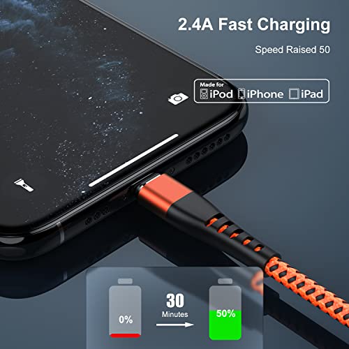 Image of Essri 2Pack for iPhone Charger Cord 6FT, Lighting Cable 6 Feet to USB Charging Cable, Nylon Braided Charging Cord 6 Foot Compatible with iPhone 14 13 12 11 X XS XR 15 Pad -Orange