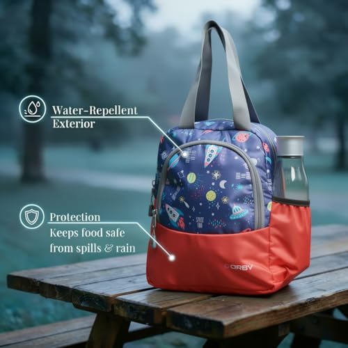 Image of ORBY Lunch Bag Rocket Planet Red | Water-Repellent Durable Fabric | Tiffin Bag with Bottle Holder & Front Pocket | Strong Zipper & Spacious Meal Storage (Rocket and Planet Pattern, Red)