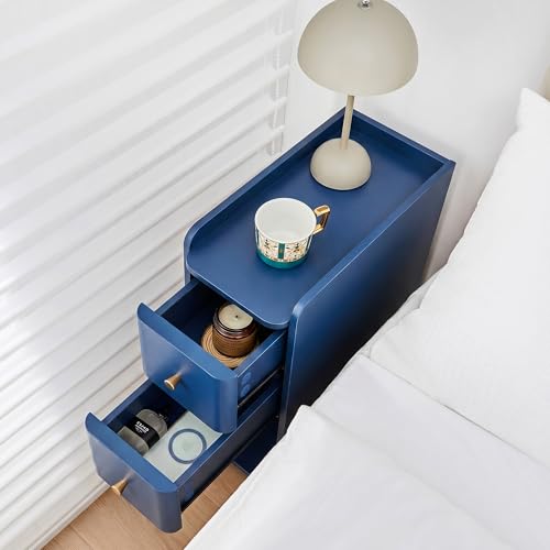 Image of FurSch Narrow Nightstand, Wooden 2 Drawer, Slim Side End Table, Blue, 1 pc