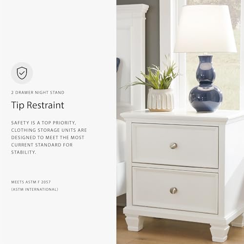 Image of Signature Design by Ashley Fortman White Nightstand, 2 Drawer Storage, Hardwood Solids and MDF Construction, Traditional Wood Bedside Table, 25 inch W