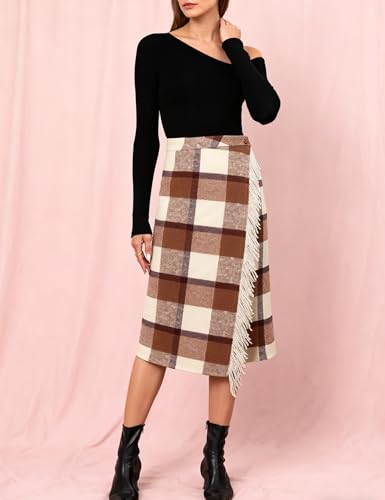 Tanming Womens Plaid Fringed Midi Skirt A Line Warm Wool Wrap Skirt Fall Winter Tartan Dress2