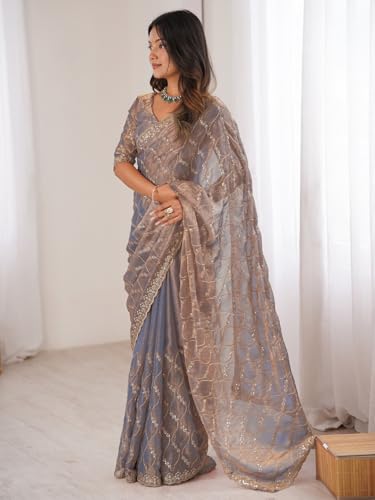 Image of AKHILAM Women's Shimmer Chiffon Heavy Sequence Embroidery Work Saree With Unstitched Blouse Piece (VT798A VM Parent)