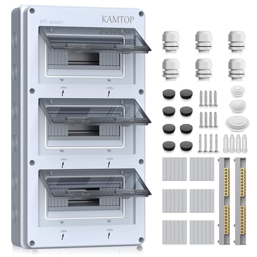 KAMTOP Caja de Distribución 36 Módulos IP65 para Superficie Cuadro Eléctrico Exterior con Tapa Transparente Caja Estanca Impermeable con Carril DIN para Interruptores Automáticos Tomas y Conexiones