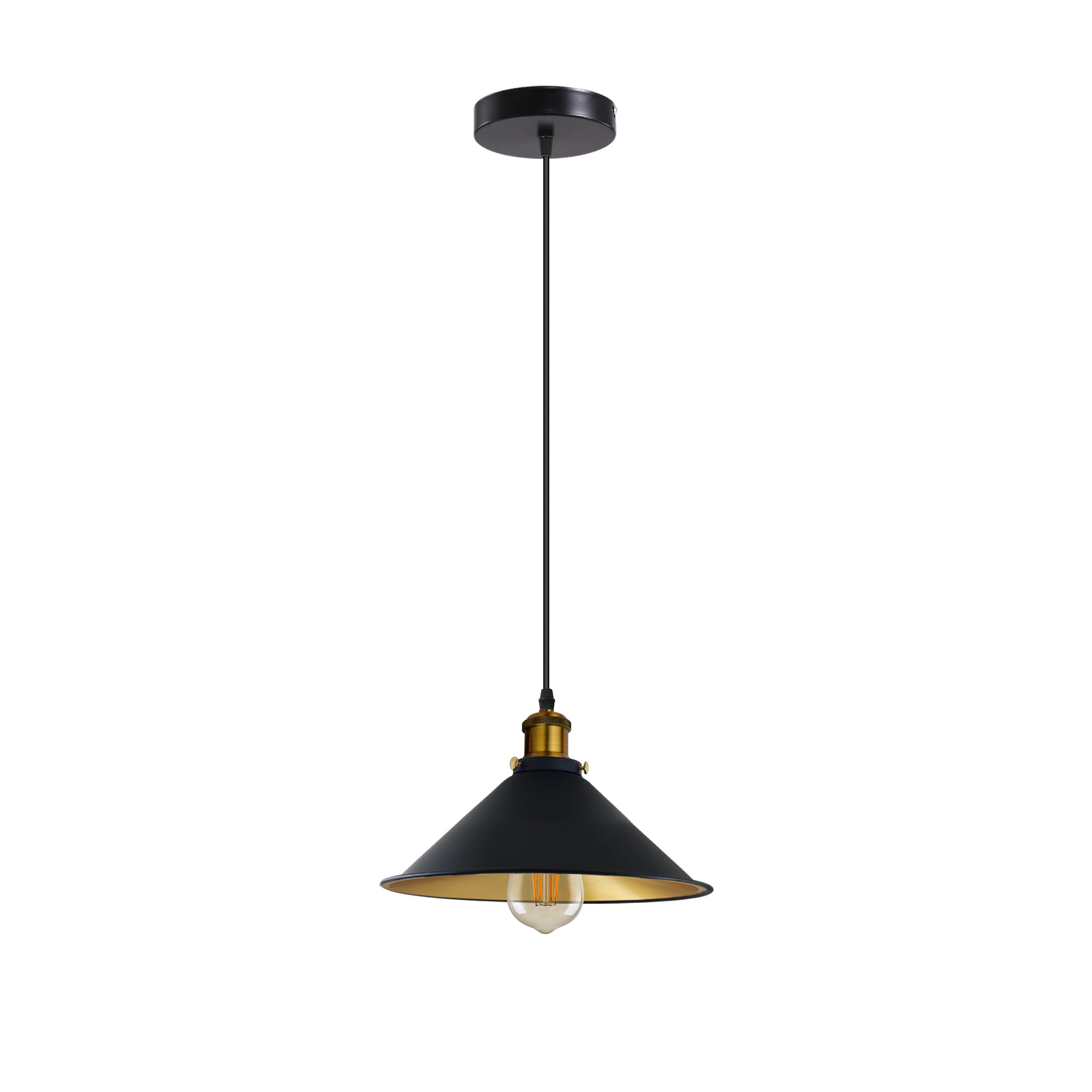 Industrial Black Cone Pendant Light Shade Brass Interior Metal E27 Lamp