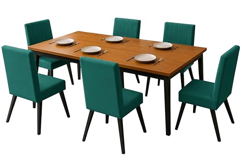 Image of Rosebell 6 Seater Dining Table Set with Cushioned Chairs | Modern Dining Table for Home, Dining Room & Kitchen | Black Metal Legs | Green