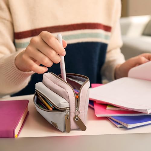 Image of Large Pencil Case, Pencil Pouch with Zipper Compartments, Aesthetic Pencil Case for Adults, Stationery Pouch Pen Case for Office (Pink&Beige)