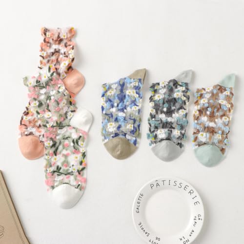 Image of DXYAKY 5 Pairs Sheer Floral Socks for Women, Lightweight Mesh Ankle Lace Socks, Breathable Summer Cute Transparent Stockings