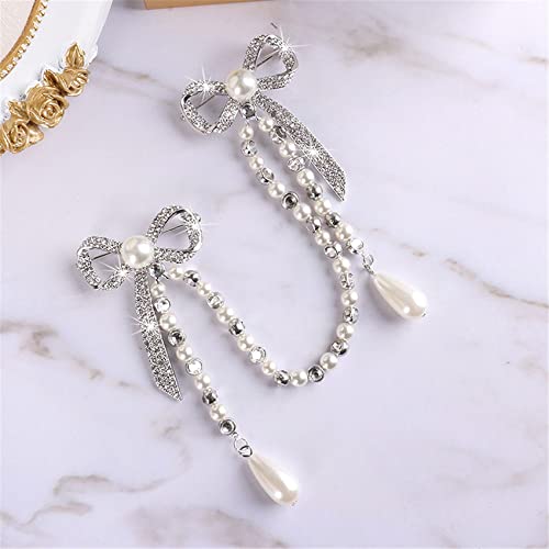Essencedelight Double Bowknot Brooch Pin Bow Faux Pearl Breastpin Chain Tassel Collar Pins Crystal Lapel Pin For Women Men,Silver 2, 20*8.5Cm #TOP3