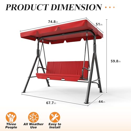 Image of GARTOO 3-Seat Patio Swing Chair, Outdoor Porch Swing with Adjustable Canopy and Durable Steel Frame for Patio, Garden, Poolside(Red)