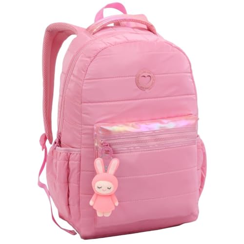 Mochila de Costas Escolar Juvenil, Compartimento para Notebook Caderno, Material Reforçado, Zíper Resitente, P/Meninas (Rosa)