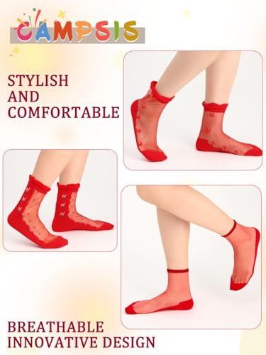 Campsis Women Sheer Socks, Red Pattern Sheer Ankle Sock, Sheer Lace Sock with Design3