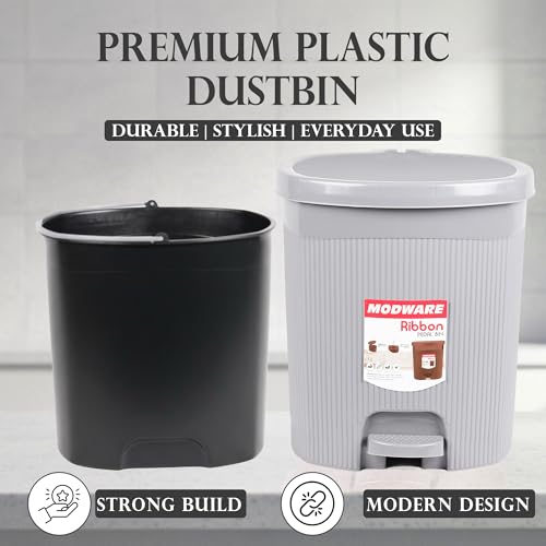 Image of MODWARE Premium Ribbon Plastic Pedal Dustbin with Removable Inner Bucket I PP Polypropylene Material I Foot Pedal for Hands-Free operation I for Kitchen, Office, College (Grey)