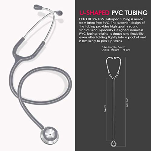 Image of ELKO EL-140 ULTRA II SS Stainless Steel Acoustic Stethoscope | For Doctors, Medical Students & Healthcare Professionals | Dual Head Chestpiece | 5.5mm Brass Pipe Frame | U-Shaped PVC Tubing (Grey)