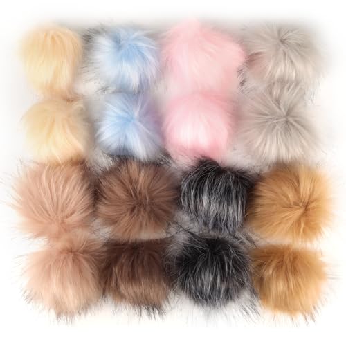 16 Stück Kunstfell Bommel für Mützen, 8 Farben 8-9CM Kunstfell Pompon...