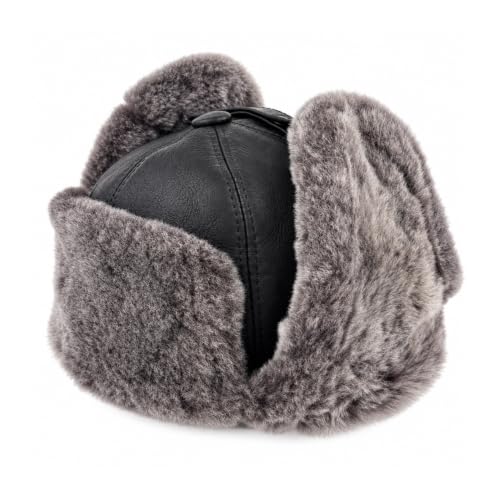 Image of Leather Aviator Russian Ushanka Trapper Shearling Sheepskin Fur Ear Flap Waterproof Winter Hat