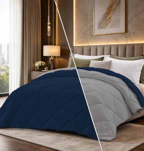 Image of Super Comfort Microfiber 300 GSM Reversible Winter Comforter for Single Bed Rajai /Blanket Diamond Stitch (60 inch x 90 inch Inches /152cm x 228cm) - Comforter Single Bed|Silver /Navy Blue