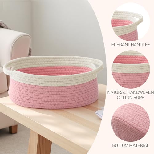 Image of JMvicyroam Small Woven Basket, Empty Gift Basket, White&Pink /3 Pack | Small Gift Basket, Cotton Rope, 12 x 8 x 71 in, Handles, Includes Ribbon and Bag, Birthday Gift Basket