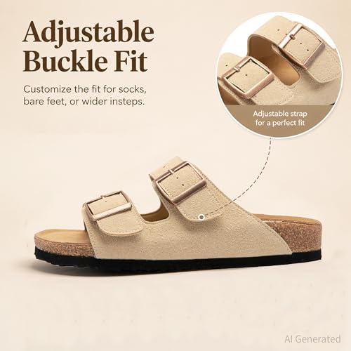 JALIRO Women's Cork Sandals, Suede Upper, Double Buckle, Arch Support & Non-Slip for Summer Wear, Khaki, size 6 - image 7