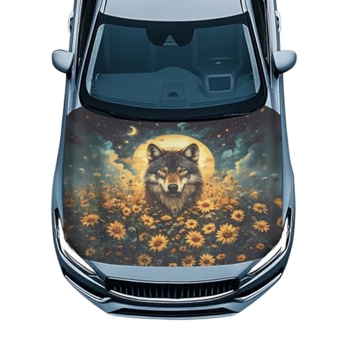 Image of Car Hood Cover,Portable All Weather Car Hood Cover Protector Suitable Most Automotive Sedans Trucks Pickup Sports Cars,Car Accessories Wolf Sunflower Print
