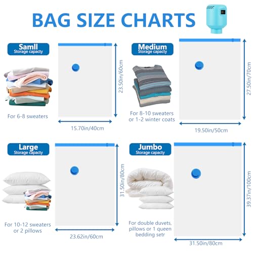 Sac sous Vide Vetement Aspirateur et Pompe Électrique 10 Pièces, 2 Jumbo, 2 Grands, 2 Moyens, 4 Petits Sac Rangement Sous Vide Aspirateur, Voyages Réutilisables pour Vêtements,Couettes – Image 3