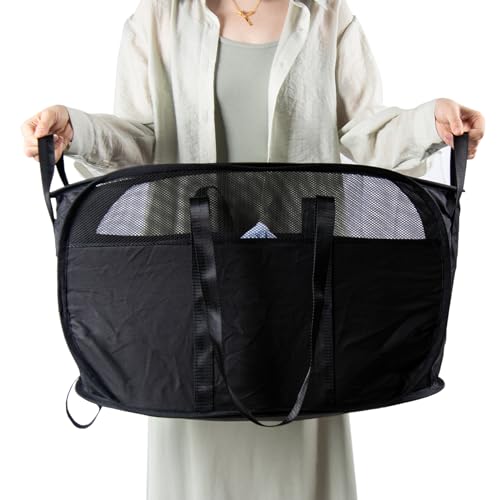 HEDONLEE 洗濯カゴ 洗濯かご 折りたたみ 破れにくい 横型 ランドリーバスケット 70L 大容量 強化されたハンドル メッシュ ランドリーバッグ ランドリーボックス 洗濯籠 洗濯物入れ 収納 超軽量 旅行 持ち運び可能 (ブラック, 新しい横型-1個入)