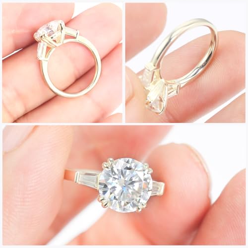 4.5CT Moissanite 3 Stone Engagement Ring for Women D Color VVS1 Clarity Round Tapered Baguette Cut Wedding Ring 9K Gold Plated S925 Sterling Silver Genuine Moissanite Promise Ring for Her Size 4-93