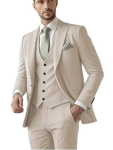 LYLLOVEGUSU Slim Fit Anzüge 3-teiliger Anzug für Herren, Hochzeitsanzug-Set, Zwei Knöpfe, Revers, Blazer, einreihige Weste, Hose, Beige, L
