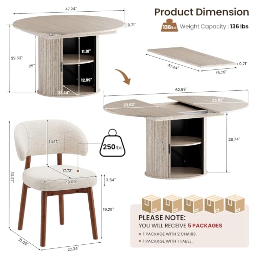 Image of MALOL 47 inch-63 inch Extendable Round to Oval Dining Table Chairs Set for 4-8, Modern Wooden Kitchen Table and Chairs with Hidden Storage and Fluted Design for Dining Room /Small Space(White and Beige)