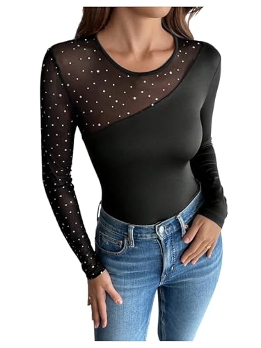 Milumia Women's Sequin Rhinestone Sheer Mesh Patchwork Round Neck Long Sleeve Slim T-Shirt Top