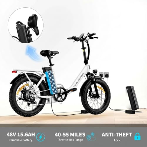 Image of WINDHORSE 20 inch Foldable Electric Bike, 983W Peak Motor, 20MPH, 40-70 Miles, 48V 748.8Wh Removable UL Battery, Front Suspension, Fat Tire E-Bike for Commuting, Beach, All -Terrain | Adults & Teens