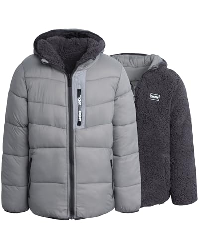 DKNY Boys' Puffer Jacket - Full Zip Up Hooded Reversible Puffer to Sherpa Winter Jacket - Heavyweight Jackets for Boys (8-20)